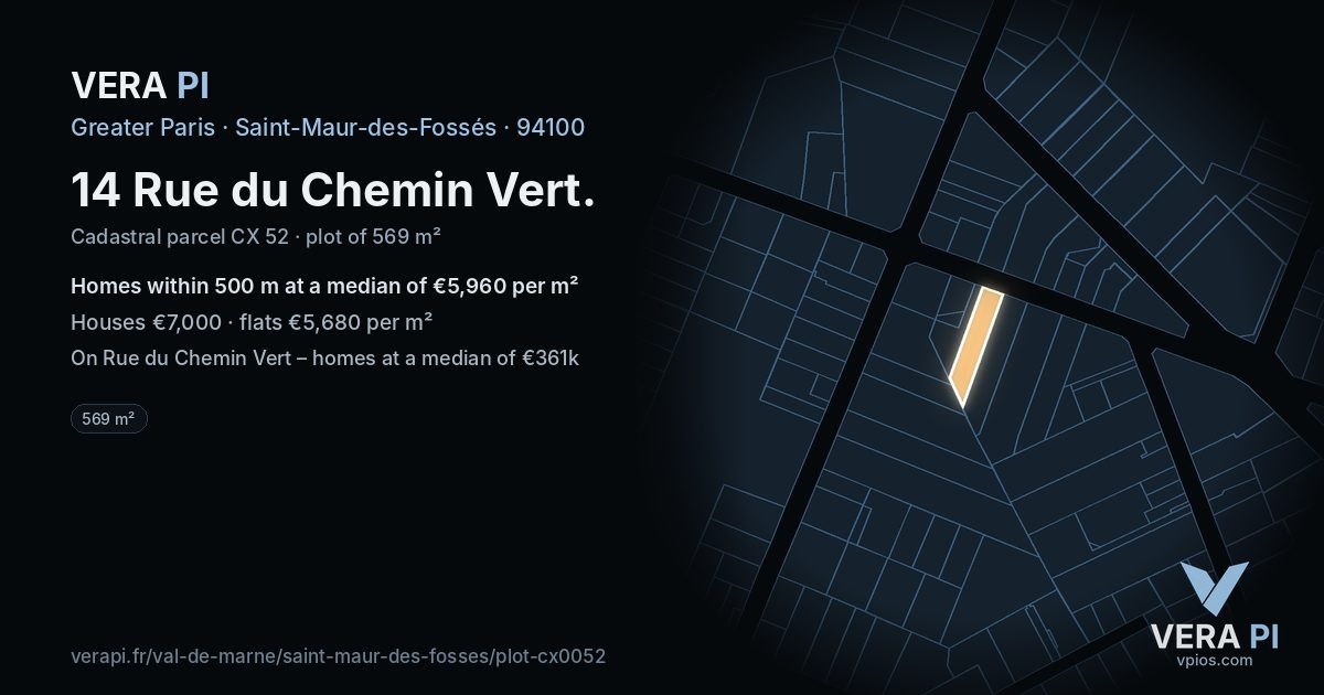 14 Rue du Chemin Vert, Saint-Maur-des-Fossés at night – the plot lit, the parcels around coloured by the prices near them