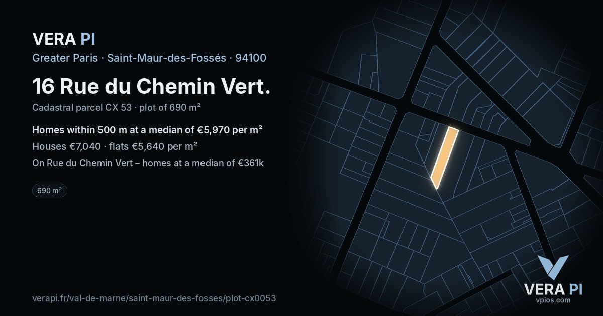 16 Rue du Chemin Vert, Saint-Maur-des-Fossés at night – the plot lit, the parcels around coloured by the prices near them