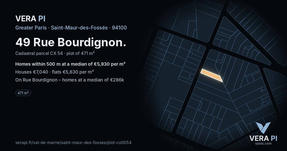 49 Rue Bourdignon, Saint-Maur-des-Fossés at night – the plot lit, the parcels around coloured by the prices near them