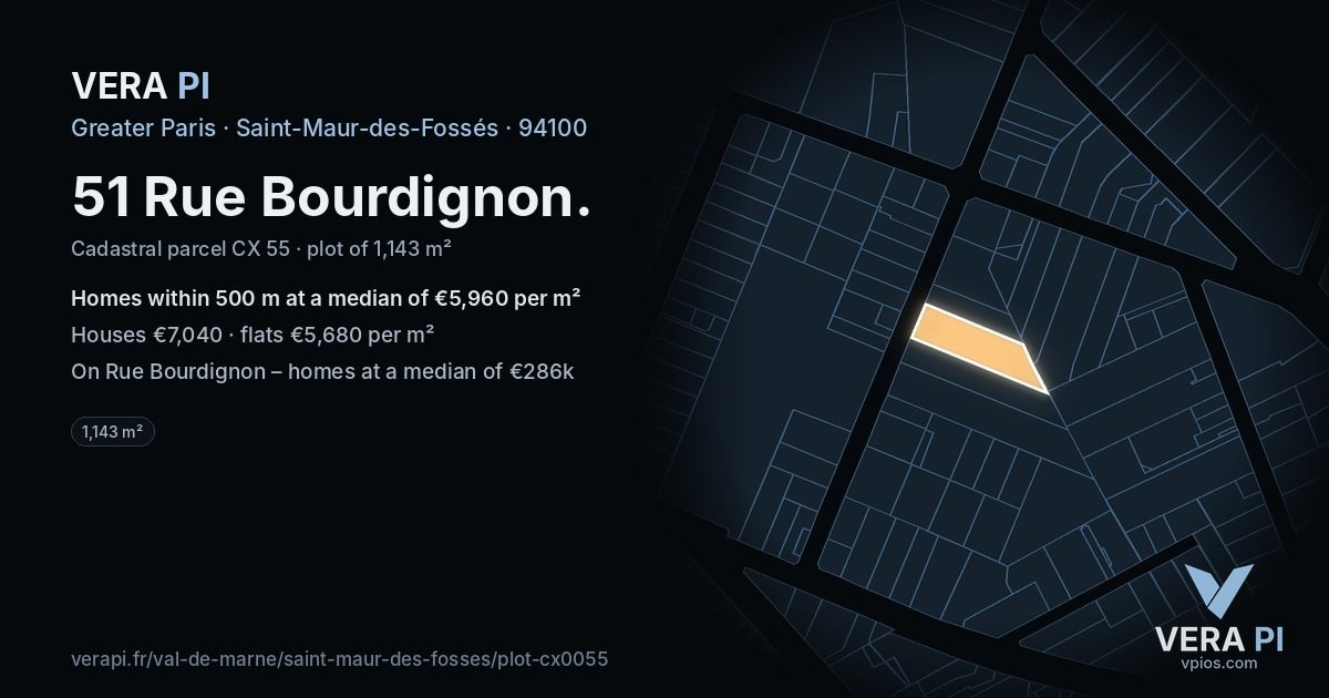 51 Rue Bourdignon, Saint-Maur-des-Fossés at night – the plot lit, the parcels around coloured by the prices near them