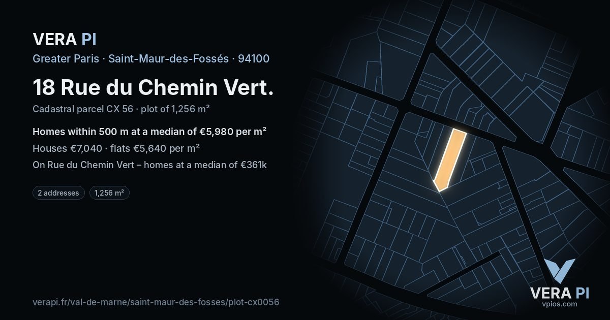 18 Rue du Chemin Vert, Saint-Maur-des-Fossés at night – the plot lit, the parcels around coloured by the prices near them