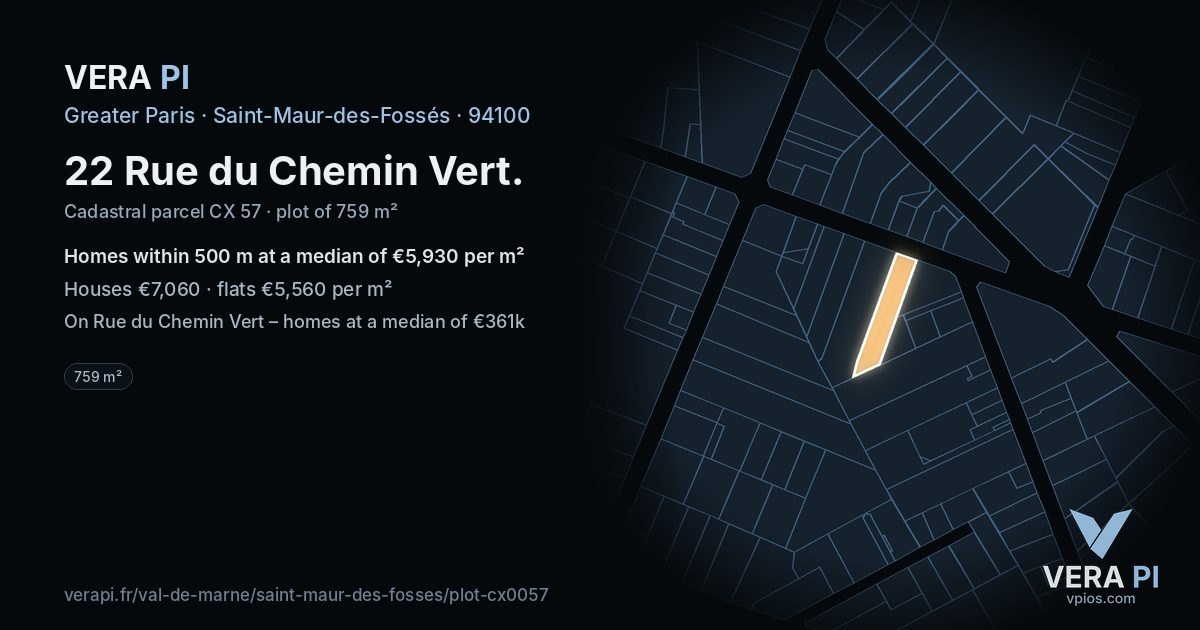 22 Rue du Chemin Vert, Saint-Maur-des-Fossés at night – the plot lit, the parcels around coloured by the prices near them
