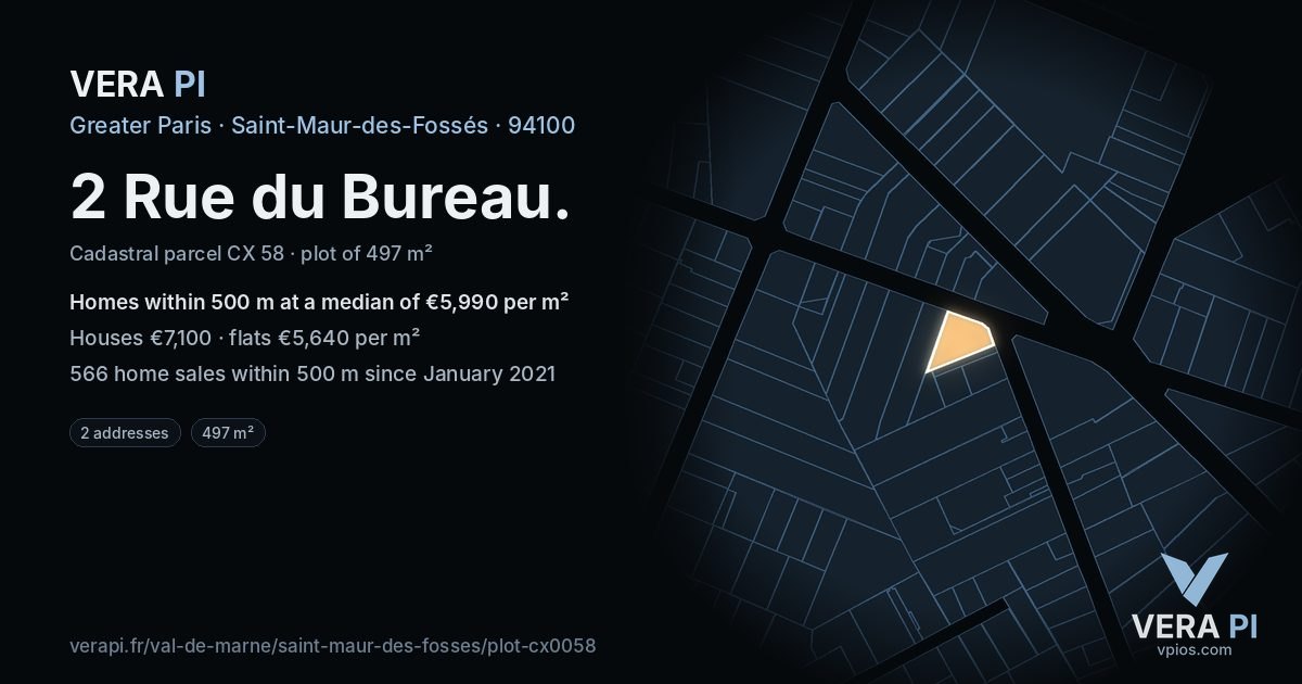 2 Rue du Bureau, Saint-Maur-des-Fossés at night – the plot lit, the parcels around coloured by the prices near them