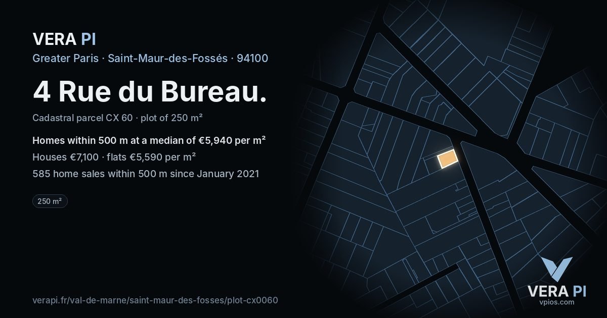 4 Rue du Bureau, Saint-Maur-des-Fossés at night – the plot lit, the parcels around coloured by the prices near them