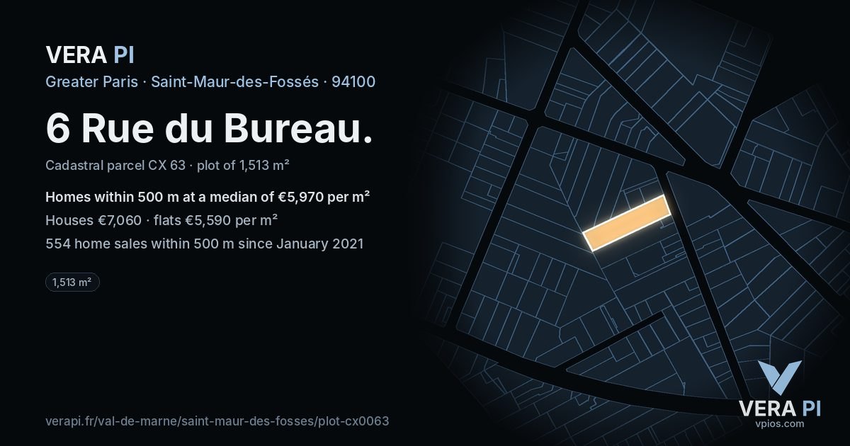6 Rue du Bureau, Saint-Maur-des-Fossés at night – the plot lit, the parcels around coloured by the prices near them