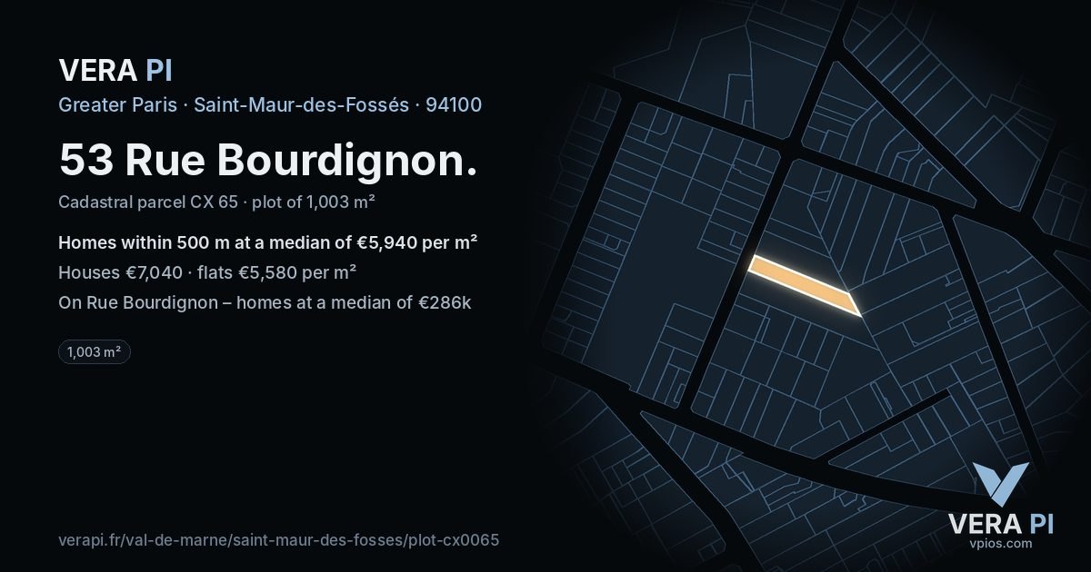 53 Rue Bourdignon, Saint-Maur-des-Fossés at night – the plot lit, the parcels around coloured by the prices near them