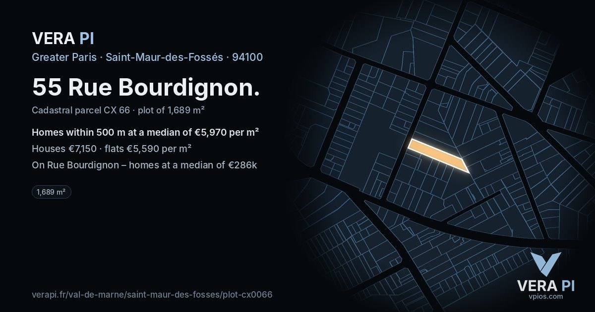 55 Rue Bourdignon, Saint-Maur-des-Fossés at night – the plot lit, the parcels around coloured by the prices near them