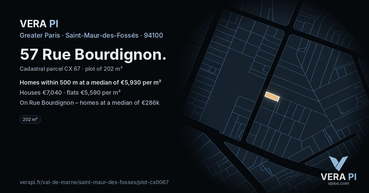 57 Rue Bourdignon, Saint-Maur-des-Fossés at night – the plot lit, the parcels around coloured by the prices near them