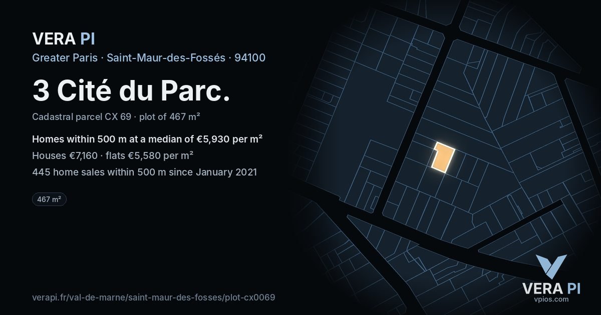 3 Cité du Parc, Saint-Maur-des-Fossés at night – the plot lit, the parcels around coloured by the prices near them