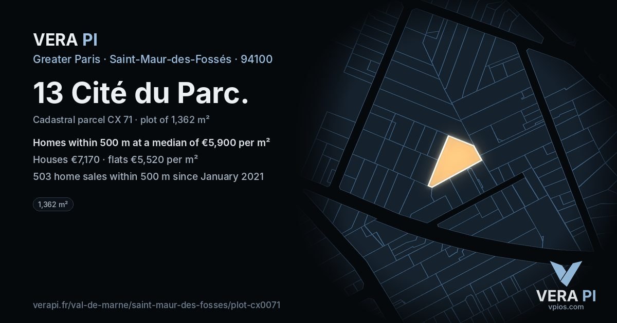 13 Cité du Parc, Saint-Maur-des-Fossés at night – the plot lit, the parcels around coloured by the prices near them