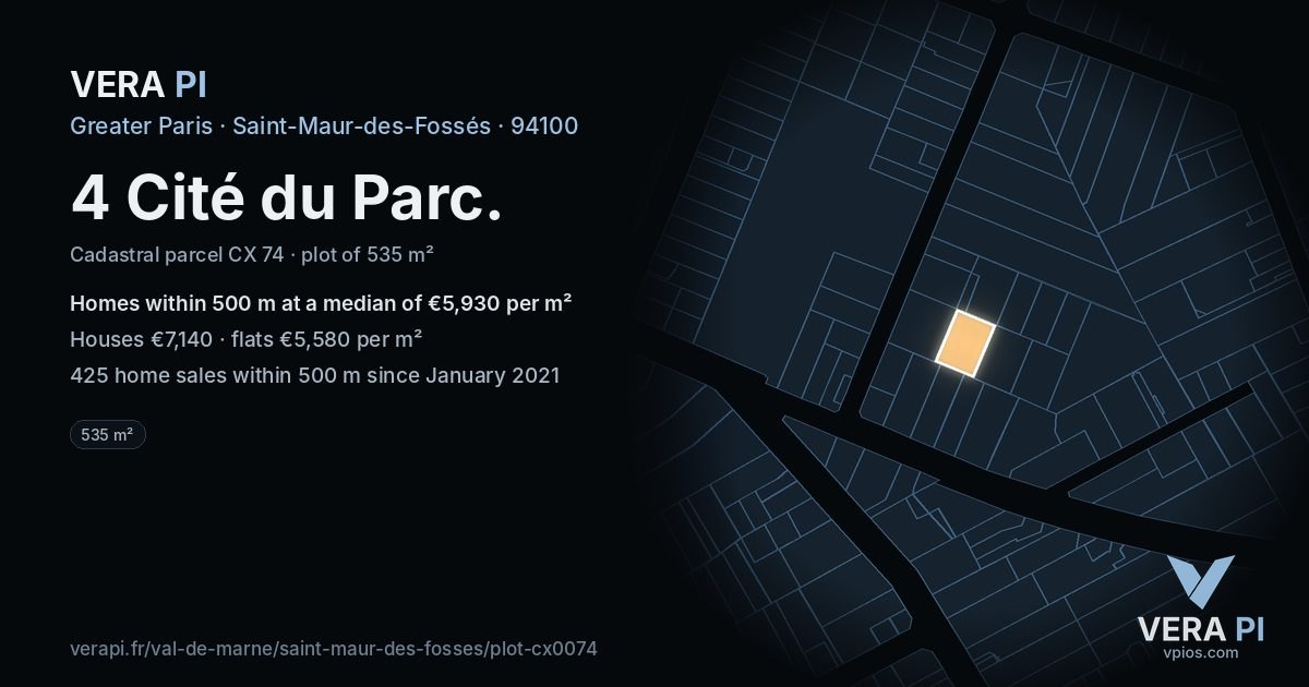 4 Cité du Parc, Saint-Maur-des-Fossés at night – the plot lit, the parcels around coloured by the prices near them