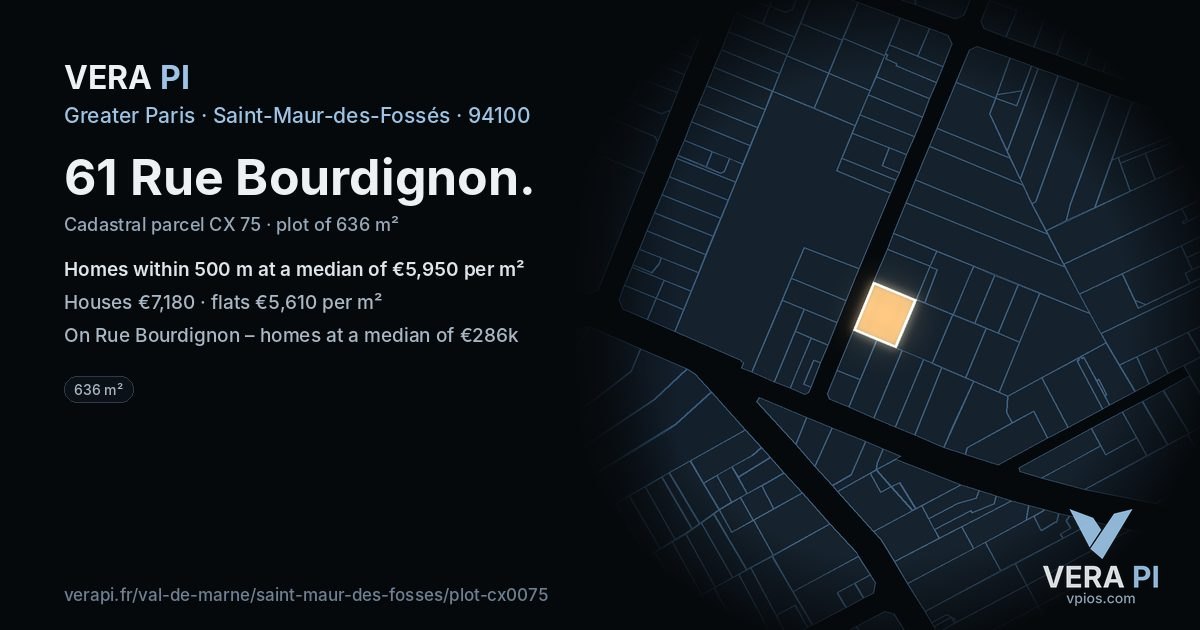 61 Rue Bourdignon, Saint-Maur-des-Fossés at night – the plot lit, the parcels around coloured by the prices near them