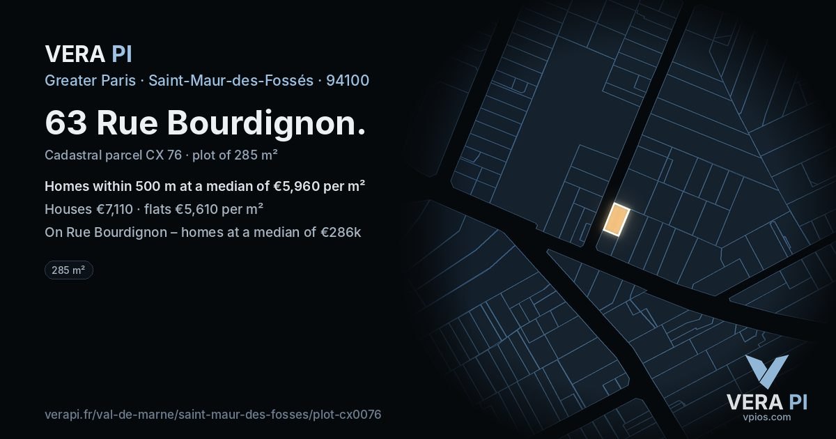 63 Rue Bourdignon, Saint-Maur-des-Fossés at night – the plot lit, the parcels around coloured by the prices near them