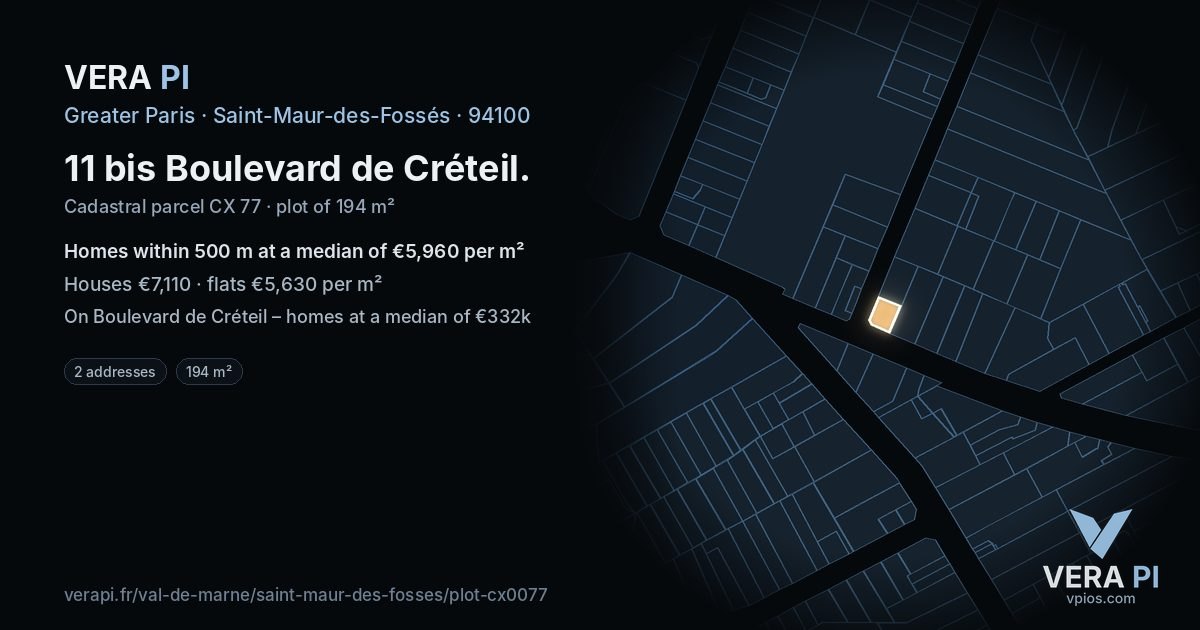 11 bis Boulevard de Créteil, Saint-Maur-des-Fossés at night – the plot lit, the parcels around coloured by the prices near them