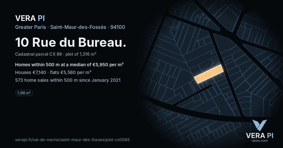 10 Rue du Bureau, Saint-Maur-des-Fossés at night – the plot lit, the parcels around coloured by the prices near them