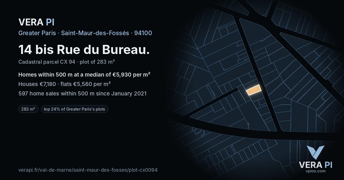 14 bis Rue du Bureau, Saint-Maur-des-Fossés at night – the plot lit, the parcels around coloured by the prices near them