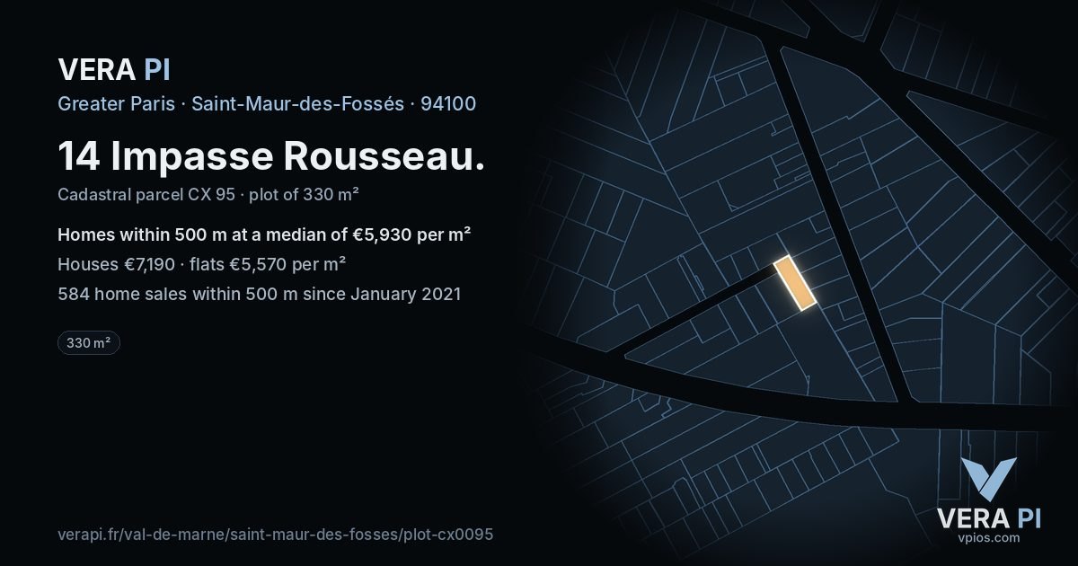 14 Impasse Rousseau, Saint-Maur-des-Fossés at night – the plot lit, the parcels around coloured by the prices near them