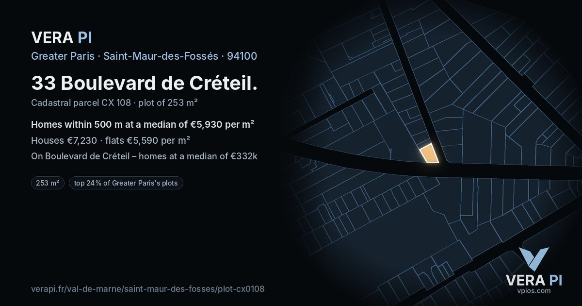 33 Boulevard de Créteil, Saint-Maur-des-Fossés at night – the plot lit, the parcels around coloured by the prices near them