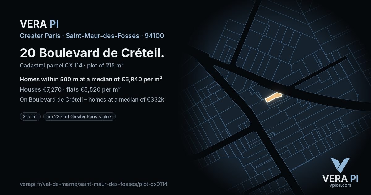 20 Boulevard de Créteil, Saint-Maur-des-Fossés at night – the plot lit, the parcels around coloured by the prices near them