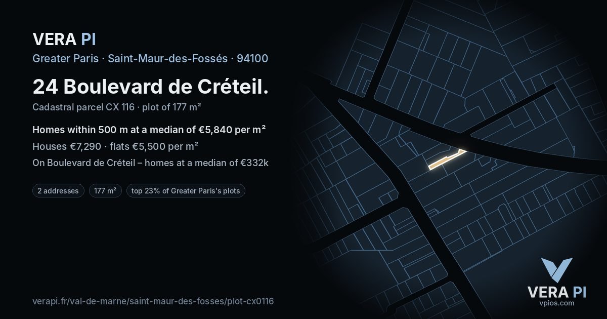 24 Boulevard de Créteil, Saint-Maur-des-Fossés at night – the plot lit, the parcels around coloured by the prices near them