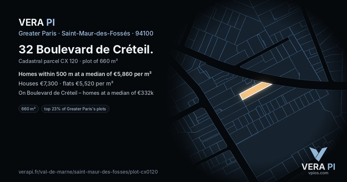 32 Boulevard de Créteil, Saint-Maur-des-Fossés at night – the plot lit, the parcels around coloured by the prices near them