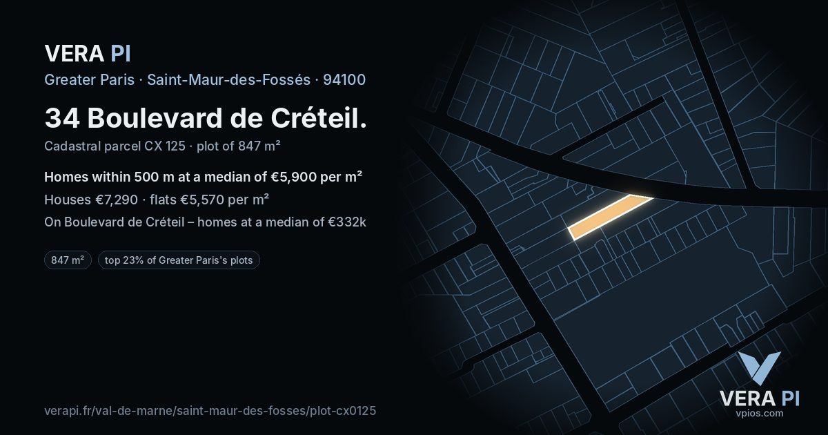34 Boulevard de Créteil, Saint-Maur-des-Fossés at night – the plot lit, the parcels around coloured by the prices near them
