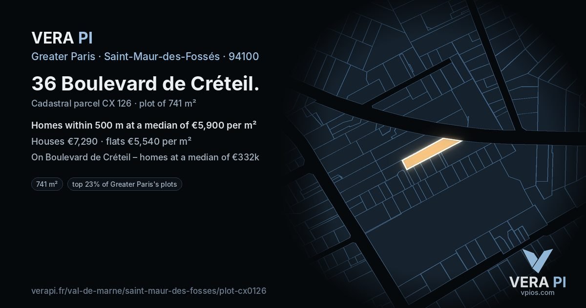 36 Boulevard de Créteil, Saint-Maur-des-Fossés at night – the plot lit, the parcels around coloured by the prices near them