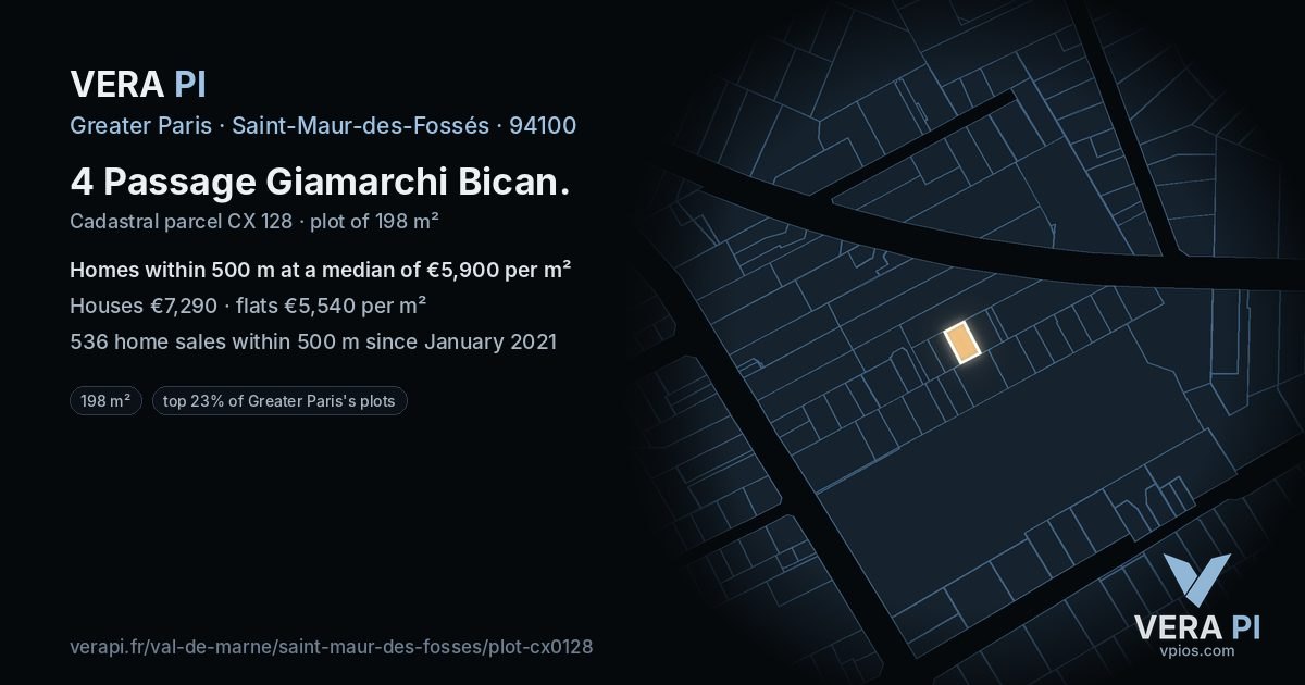 4 Passage Giamarchi Bican, Saint-Maur-des-Fossés at night – the plot lit, the parcels around coloured by the prices near them