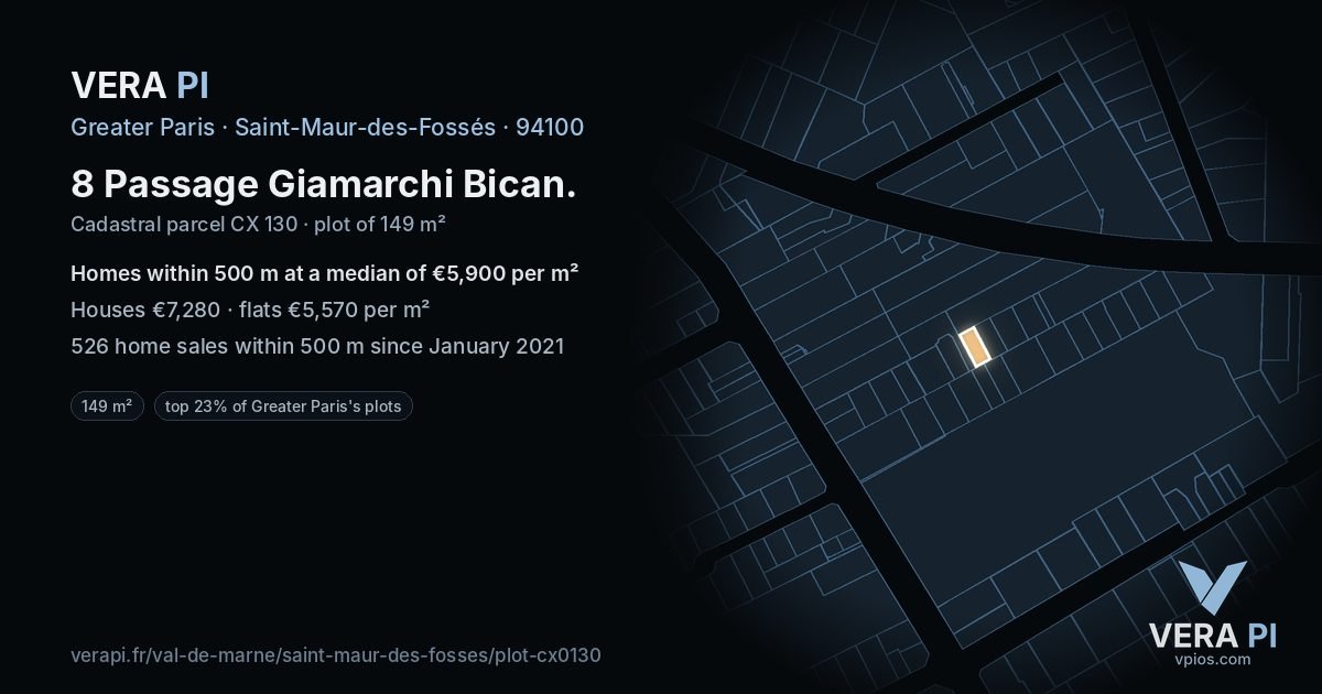 8 Passage Giamarchi Bican, Saint-Maur-des-Fossés at night – the plot lit, the parcels around coloured by the prices near them