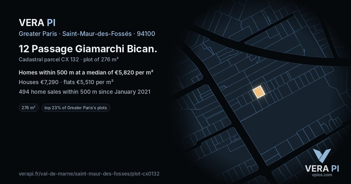 12 Passage Giamarchi Bican, Saint-Maur-des-Fossés at night – the plot lit, the parcels around coloured by the prices near them