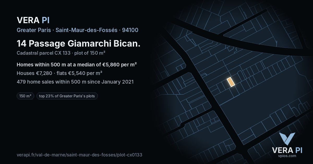 14 Passage Giamarchi Bican, Saint-Maur-des-Fossés at night – the plot lit, the parcels around coloured by the prices near them