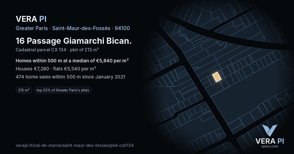 16 Passage Giamarchi Bican, Saint-Maur-des-Fossés at night – the plot lit, the parcels around coloured by the prices near them