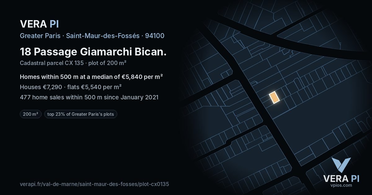 18 Passage Giamarchi Bican, Saint-Maur-des-Fossés at night – the plot lit, the parcels around coloured by the prices near them