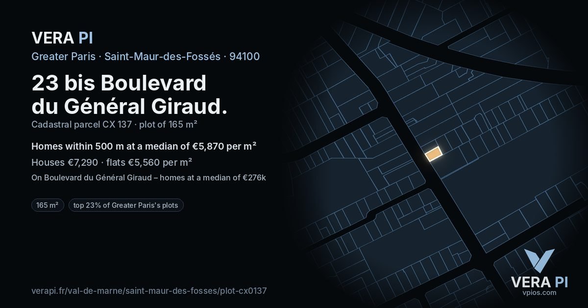 23 bis Boulevard du Général Giraud, Saint-Maur-des-Fossés at night – the plot lit, the parcels around coloured by the prices near them