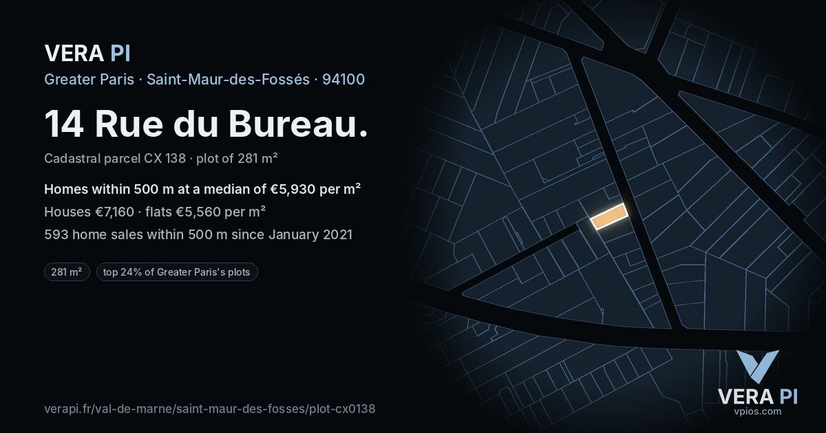 14 Rue du Bureau, Saint-Maur-des-Fossés at night – the plot lit, the parcels around coloured by the prices near them