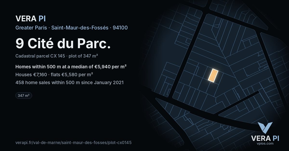 9 Cité du Parc, Saint-Maur-des-Fossés at night – the plot lit, the parcels around coloured by the prices near them