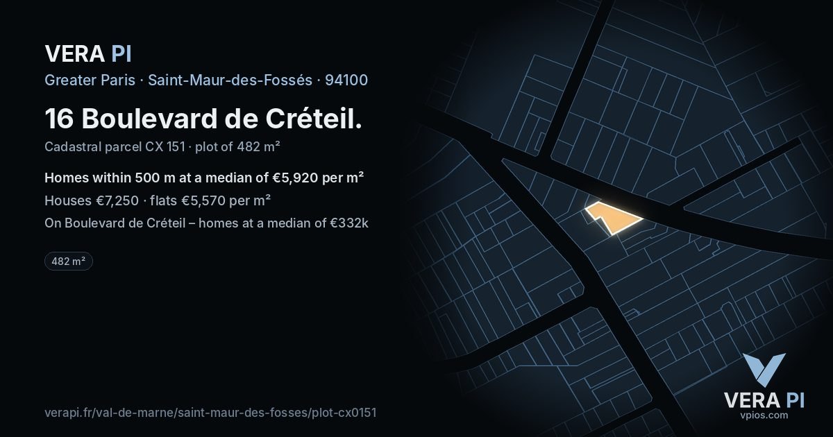 16 Boulevard de Créteil, Saint-Maur-des-Fossés at night – the plot lit, the parcels around coloured by the prices near them