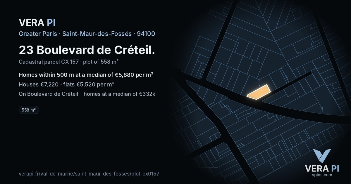 23 Boulevard de Créteil, Saint-Maur-des-Fossés at night – the plot lit, the parcels around coloured by the prices near them