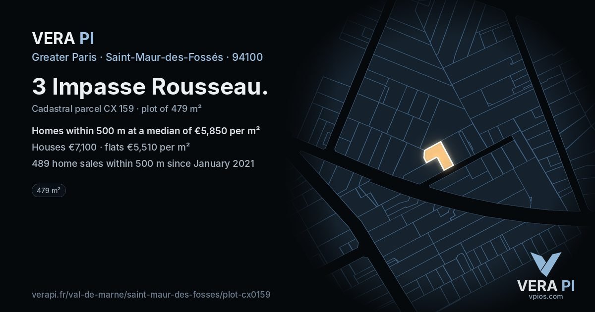 3 Impasse Rousseau, Saint-Maur-des-Fossés at night – the plot lit, the parcels around coloured by the prices near them