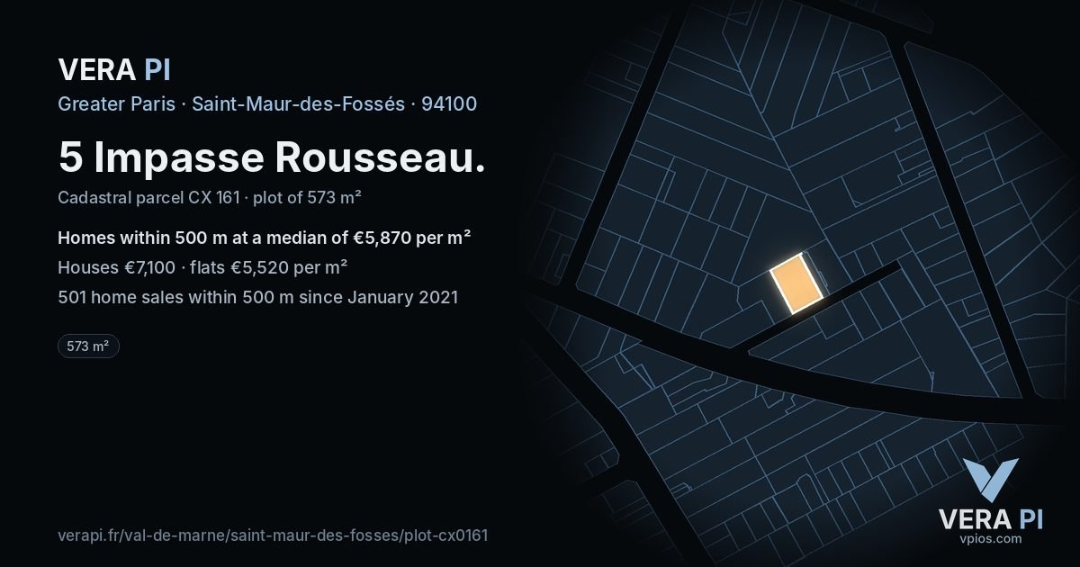 5 Impasse Rousseau, Saint-Maur-des-Fossés at night – the plot lit, the parcels around coloured by the prices near them