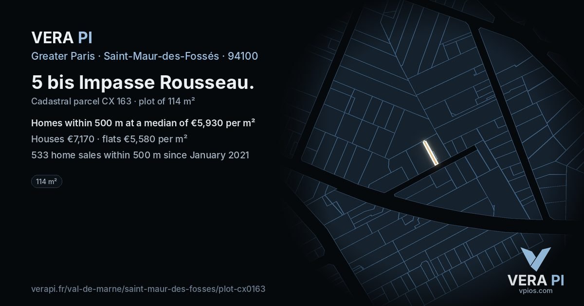 5 bis Impasse Rousseau, Saint-Maur-des-Fossés at night – the plot lit, the parcels around coloured by the prices near them