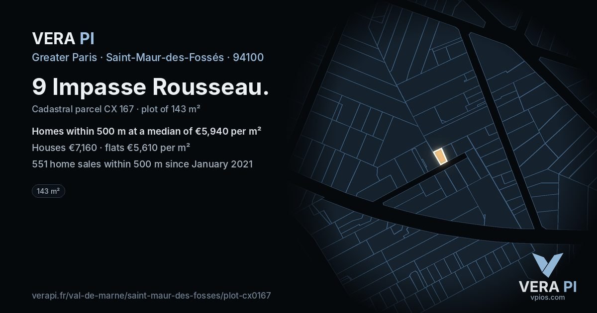 9 Impasse Rousseau, Saint-Maur-des-Fossés at night – the plot lit, the parcels around coloured by the prices near them