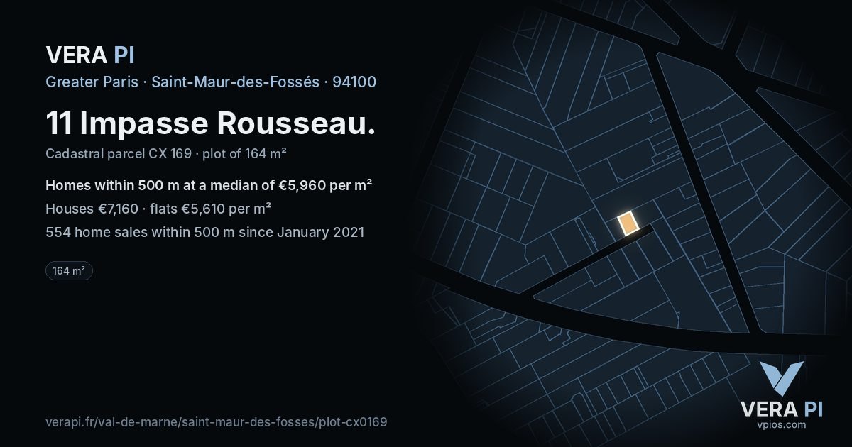 11 Impasse Rousseau, Saint-Maur-des-Fossés at night – the plot lit, the parcels around coloured by the prices near them