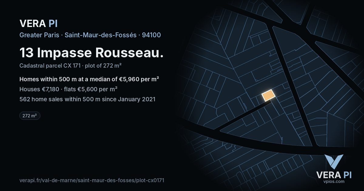 13 Impasse Rousseau, Saint-Maur-des-Fossés at night – the plot lit, the parcels around coloured by the prices near them
