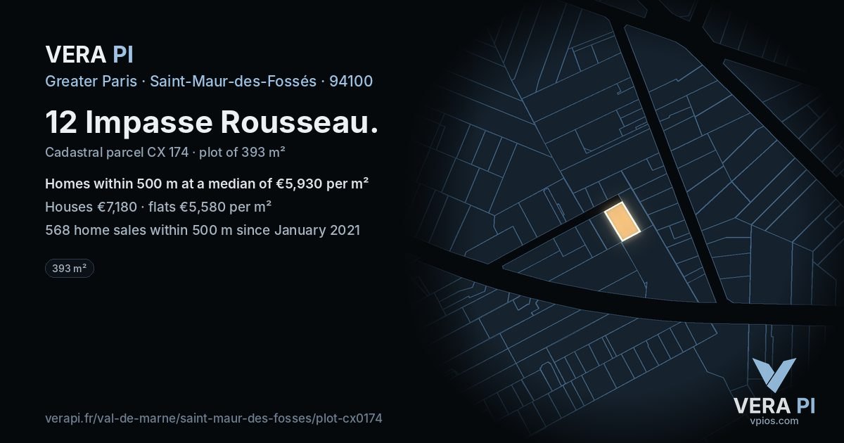 12 Impasse Rousseau, Saint-Maur-des-Fossés at night – the plot lit, the parcels around coloured by the prices near them