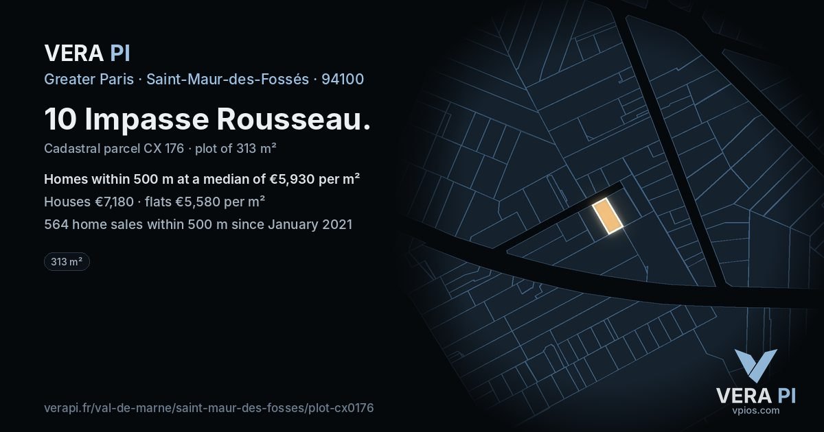 10 Impasse Rousseau, Saint-Maur-des-Fossés at night – the plot lit, the parcels around coloured by the prices near them