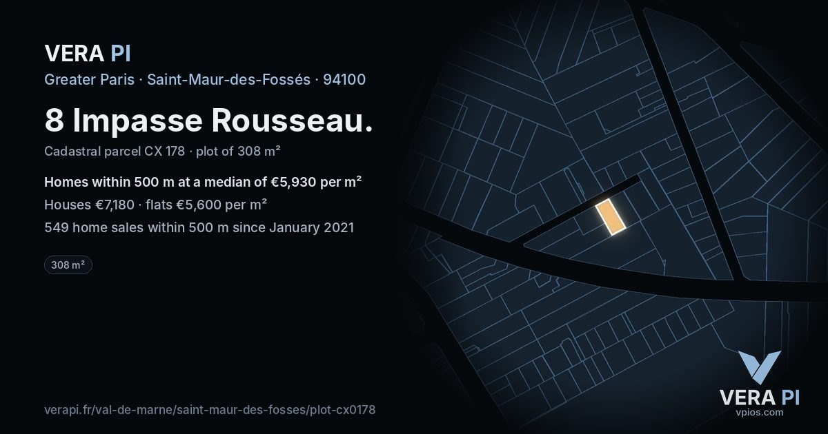 8 Impasse Rousseau, Saint-Maur-des-Fossés at night – the plot lit, the parcels around coloured by the prices near them