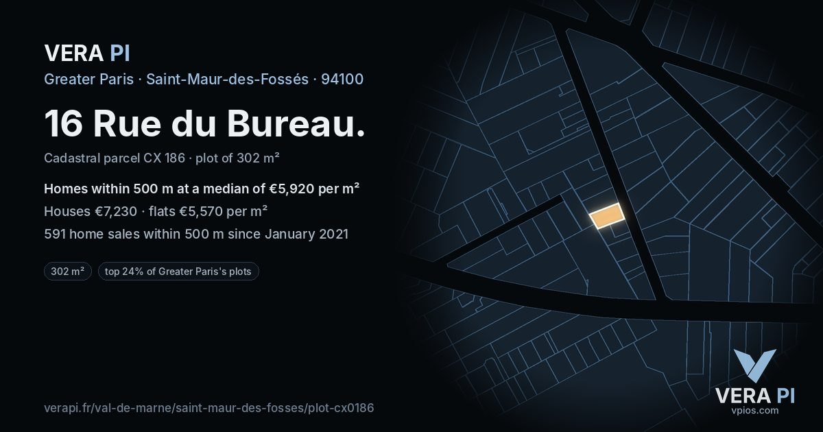 16 Rue du Bureau, Saint-Maur-des-Fossés at night – the plot lit, the parcels around coloured by the prices near them