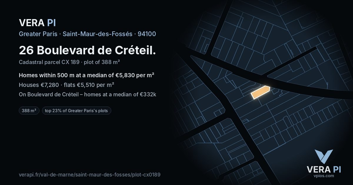 26 Boulevard de Créteil, Saint-Maur-des-Fossés at night – the plot lit, the parcels around coloured by the prices near them
