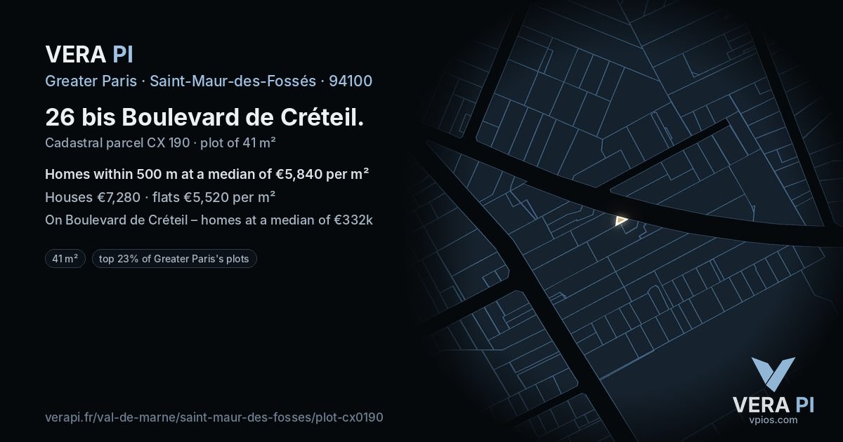 26 bis Boulevard de Créteil, Saint-Maur-des-Fossés at night – the plot lit, the parcels around coloured by the prices near them